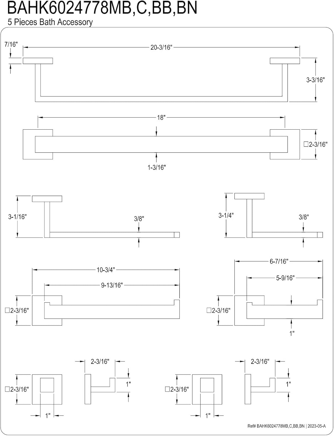 Kingston Brass BAHK6024778BN Lasdun 5-Piece Bathroom Accessory Set, Brushed Nickel towel-bars, 20-3/16'' (L) x 2-3/16'' (W) x 3-3/16'' (H)
