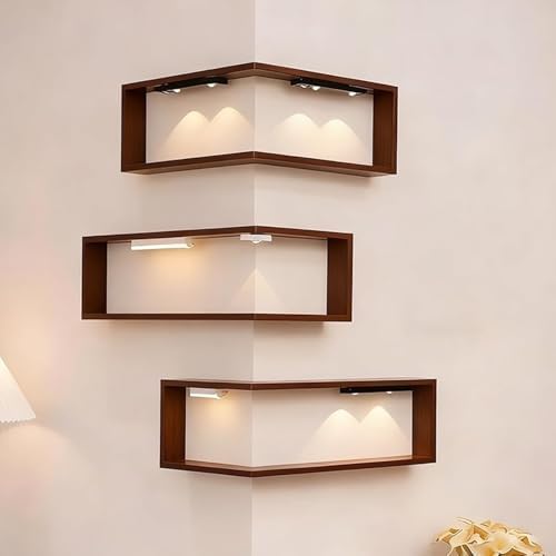 Illuminated Corner Shelf with Remote, Smart Shelves That Light up Your Space, Wooden Corner Wall Shelves with Light for Figurines and Collectibles, Modern Wall-Mounted Display Rack Stand (3pc)(3pc)