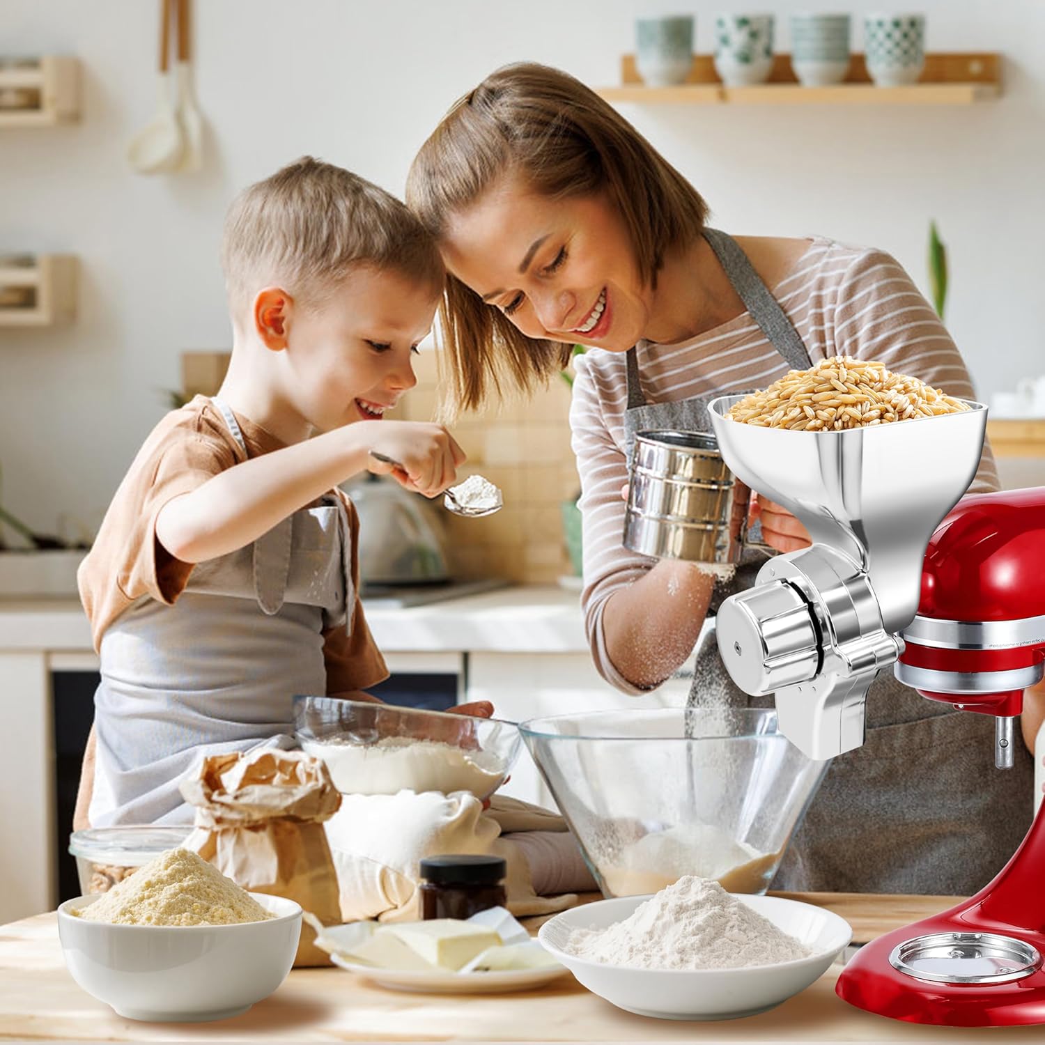 Metal Grain Mill Attachment for KitchenAid Stand Mixer,Flour Mill Wheat Grinder for Kitchen Aid Accessories and Attachments,Fit Grinding Non-Oily Dry Grains Wheat,Coffee Beans,Corn,Oats,Other Cereals