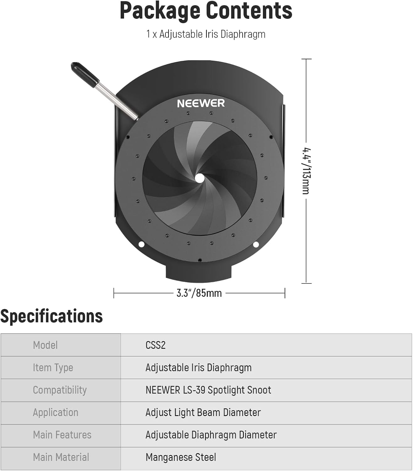 NEEWER Spotlight Mount Iris for NEEWER LS-39/LS-38/LS-48 Spotlight Snoot, 5-60mm Aperture Diaphragm Adjustable Mount Control Optical Diaphragm Lens Accessory, High Temp Resistant Manganese Steel, CSS2
