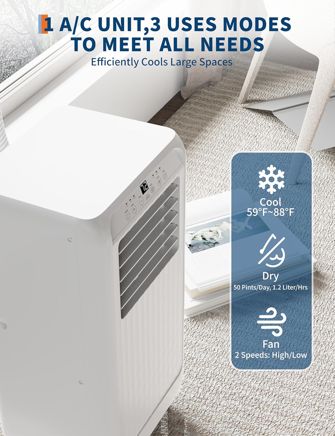 8,000 BTU Portable Air Conditioner, Cools Up To 350 Sq.Ft, Auto Swing, 3 Fan Speeds, Dehumidifier, with Remote Control & Window Kit