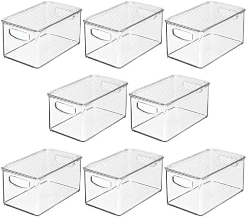 mDesign Deep Plastic Bathroom Storage Bin Box, Lid/Built-in Handles, Organization for Makeup, Hair Styling Tools, Toiletry Accessories in Cabinet, Shelves, Ligne Collection, 8 Pack, Clear