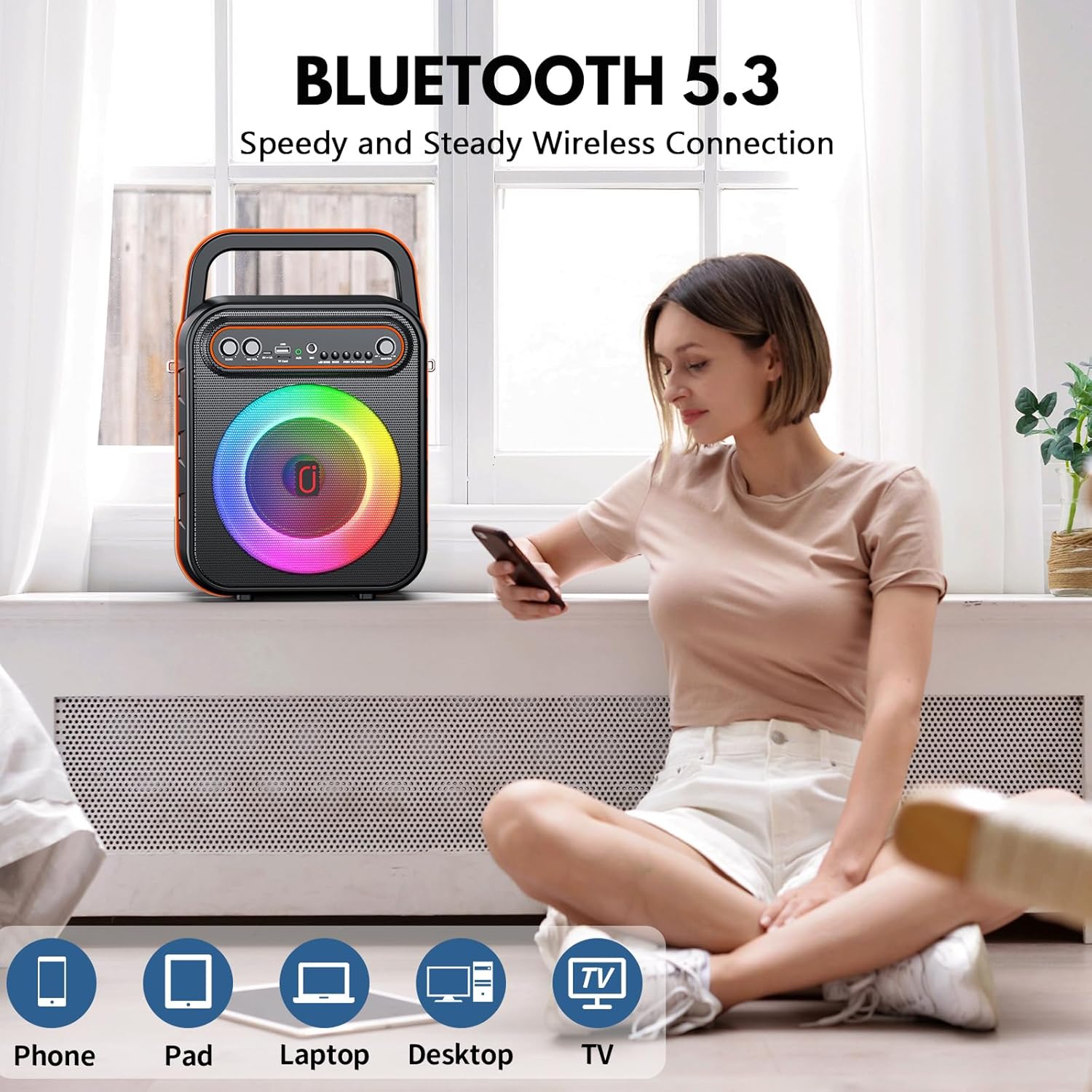 JYX Karaoke Machine for Adults & Kids, Portable Bluetooth Speaker with 2 Wireless Microphones, PA System Treble & Bass with LED Lights, Supports USB/AUX/TF/FM/REC for Home Party Outdoors