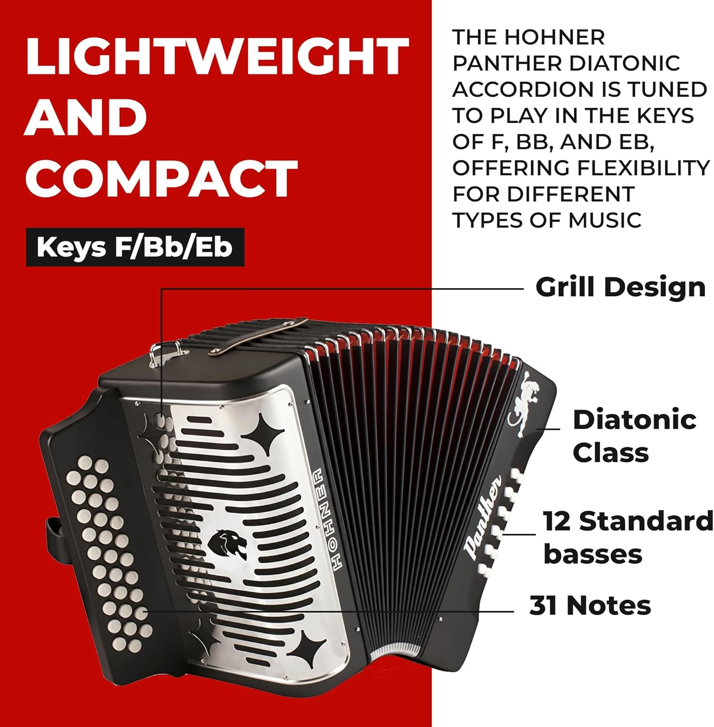 Hohner Panther Diatonic Accordion - Keys F/Bb/Eb Bundle with Hard Case and Austin Bazaar Polishing Cloth