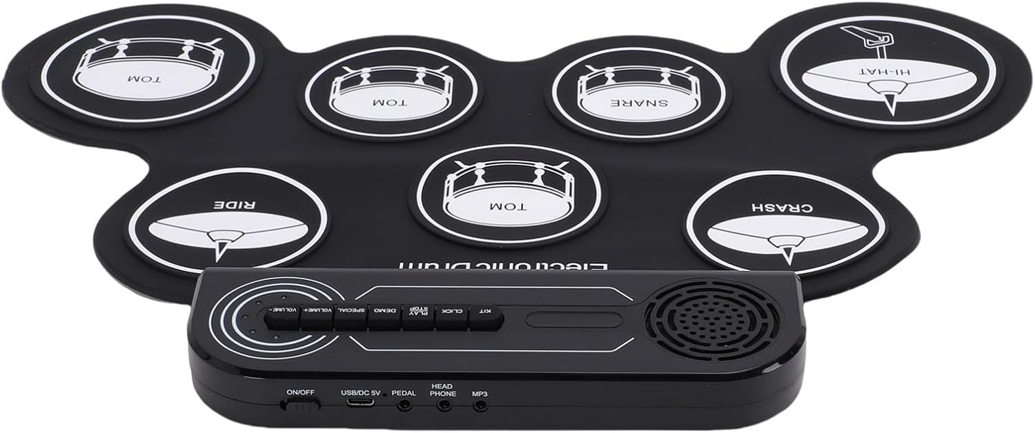 Jiawu Electric Drum Set, 7 Pads Electronic Drum Set Built in Speaker, Portable Roll Up Drums Practice Pad Machine with Pedals and Sticks, Rechargeable Instrument for Beginner & Kids