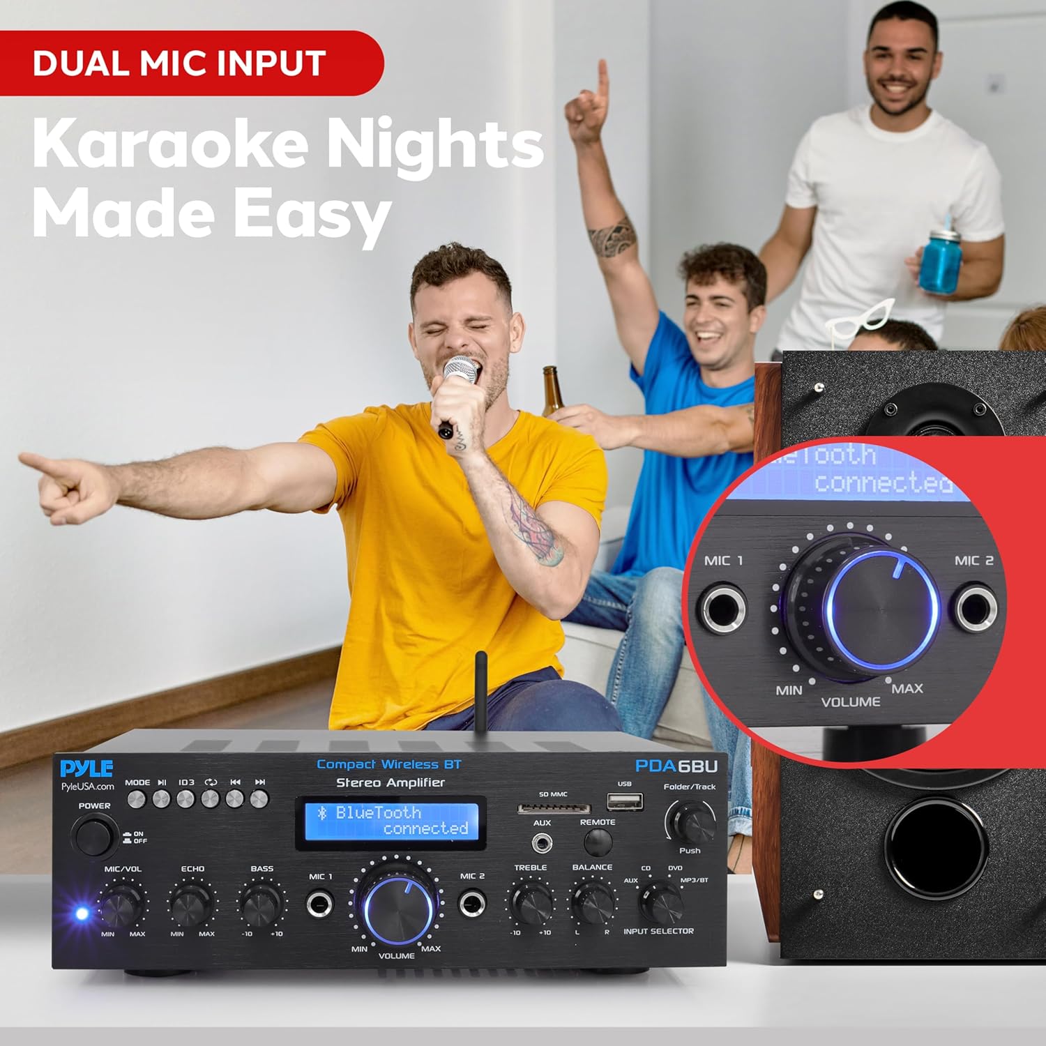 Pyle Wireless Bluetooth Power Amplifier System- 200W Dual Channel Sound Audio Stereo Receiver w/ USB, SD, AUX, MIC IN w/ Echo, Radio, LCD, For Home Theater Entertainment via RCA, Studio Use- PDA6BU.5