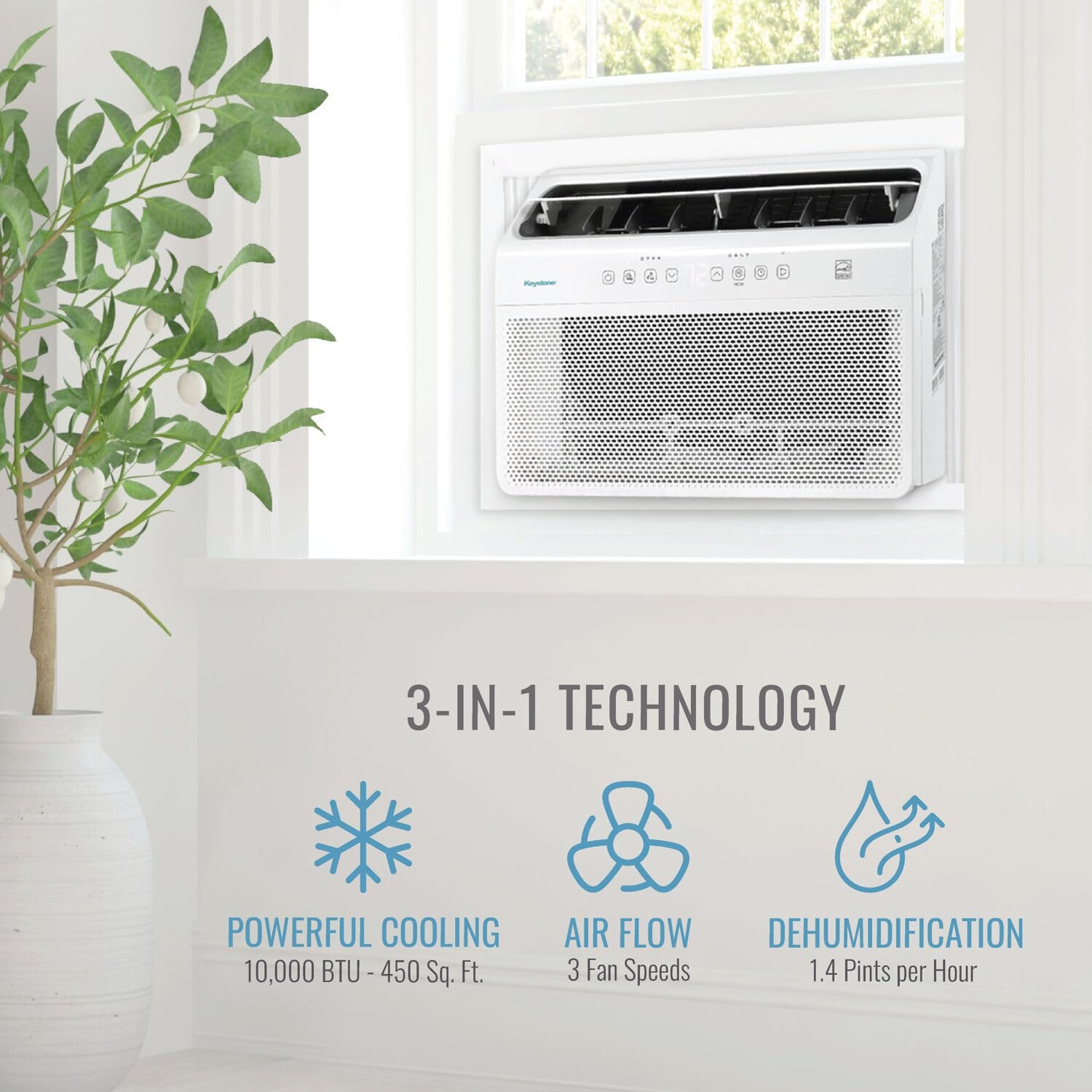 Keystone 10,000 BTU Window Mounted Inverter Air Conditioner, 115V, Energy Star Window Air Conditioner for Rooms up to 450-Sq.Ft. with Quiet Operation and Remote Control