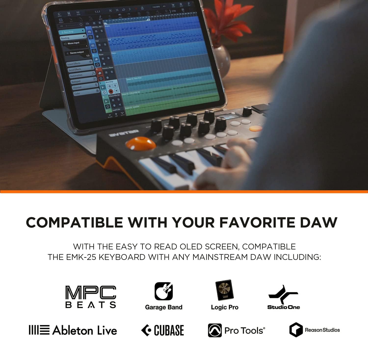 Portable Bluetooth MIDI Keyboard Controller, With 25 Key, 9 Backlit Beat Pads, OLED Display, 8 Knobs, Software Included, USB Powered/Battery Operation