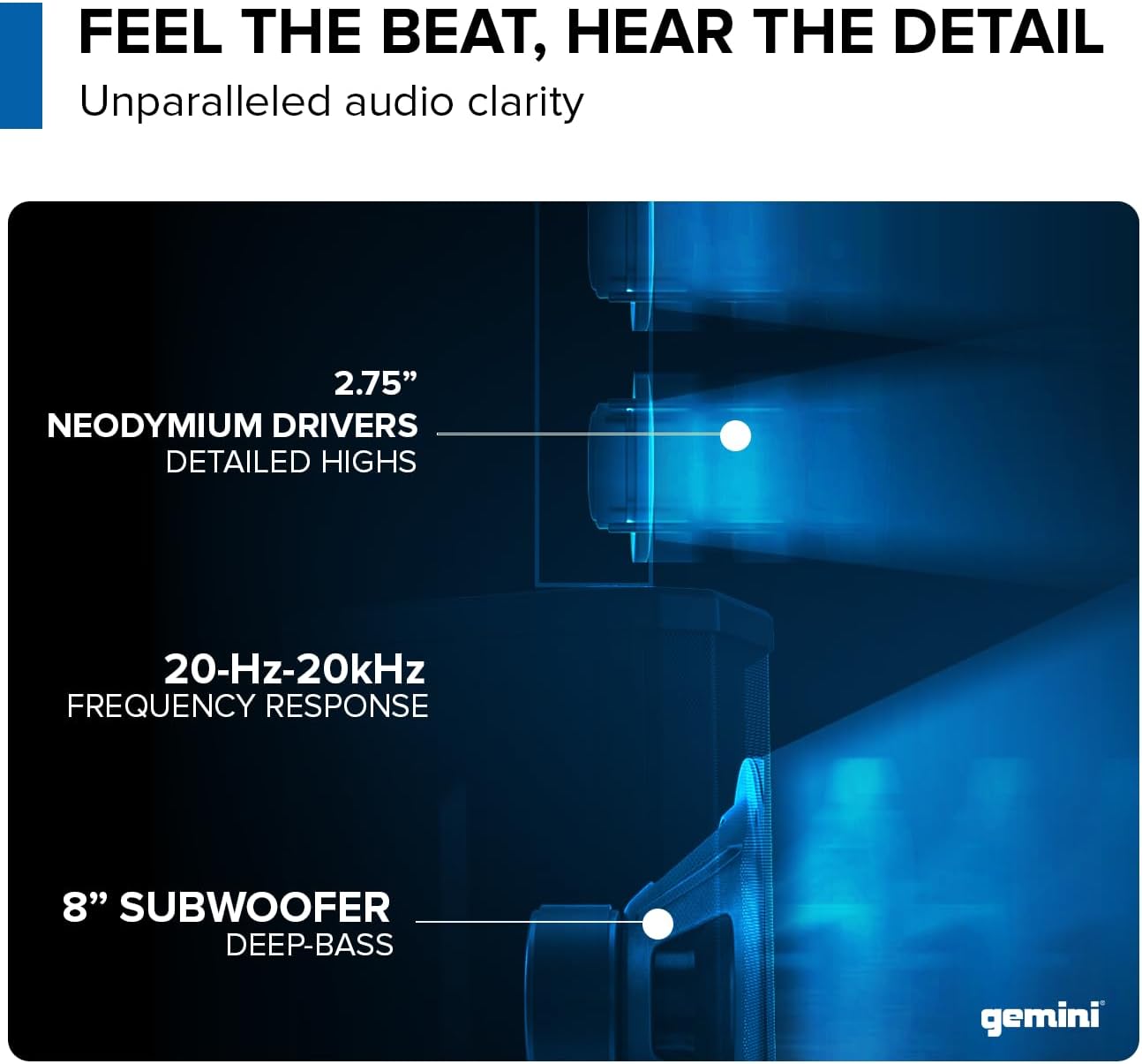 Gemini Powered Line Array PA System with Subwoofer - Column Array Speakers 1200W, Built-in Mixer, Bluetooth Streaming, Adjustable Height Tower Speakers for DJ, Karaoke, Live Performance (WPX-2000)