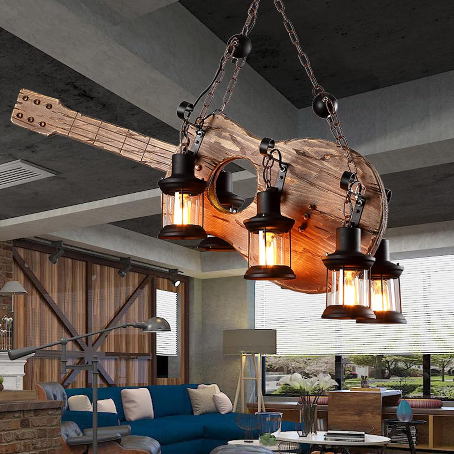 Guitar Wood Droplight,6 Lights Bass Industrial Retro Chaner, Children's Lamp with Spotlight Ceiling Lighting,for Home Office Bedroom Coffee Shop