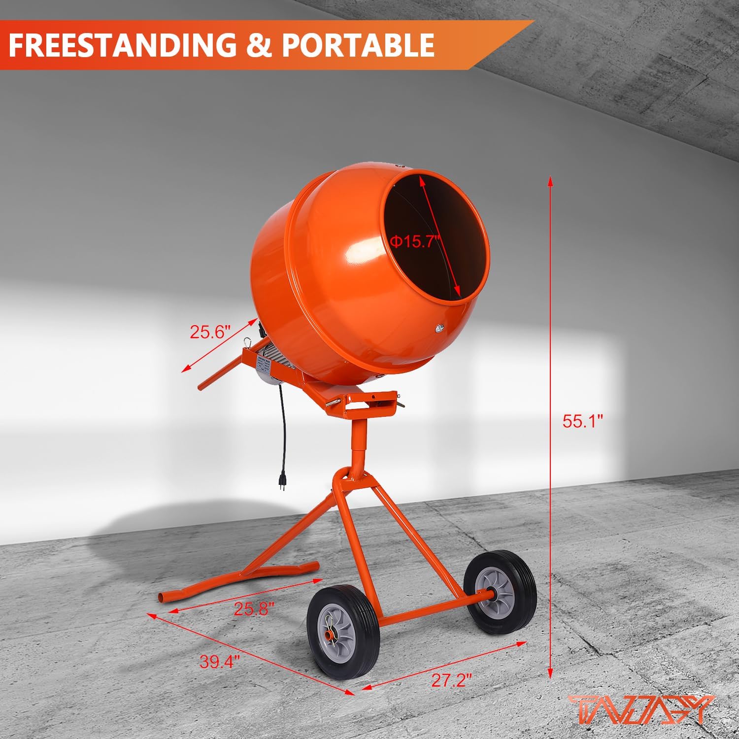 Portable 5 Cu Ft Concrete Cement Mixer 1/2 H P Electric Mixer Machine with Wheel Freestanding Barrow Machine 4 Gear Concrete Mixer Machine 23 RPM Cement Mixing Machine for Stucco Mortar Seeds