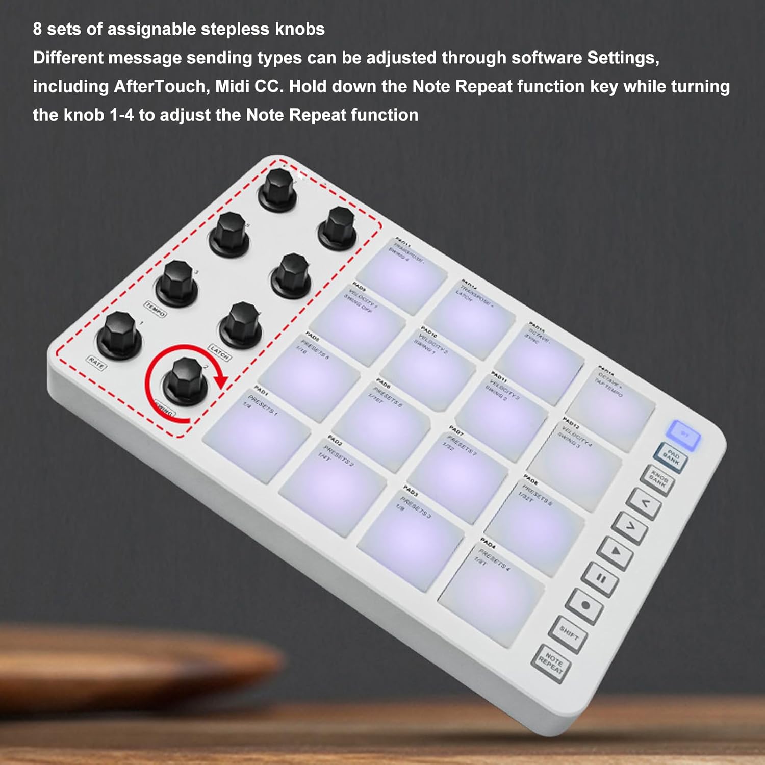 PAD USB MIDI Keyboard Controller, MIDI Controller with 16 RGB Backlit, 8 Assignable Knobs, Note Repeat, for OS X, iOS, Android