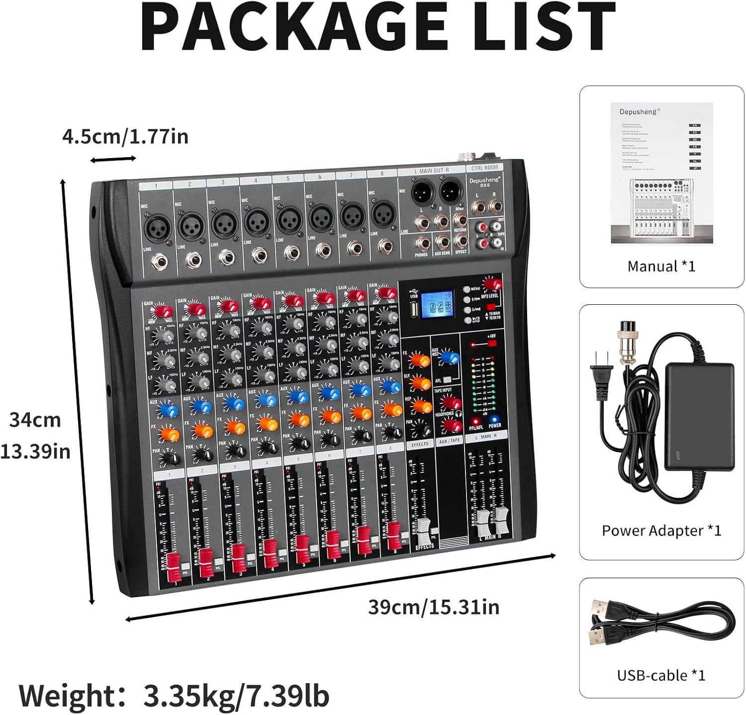 Depusheng Audio Mixer Professional 8 channel,DX8 Sound Board DJ Mixing Console System Interface USB MP3 Input Bluetooth 48V Phantom Power,Black, USB Audio Mixer for PC,for Studio Karaoke Live Music