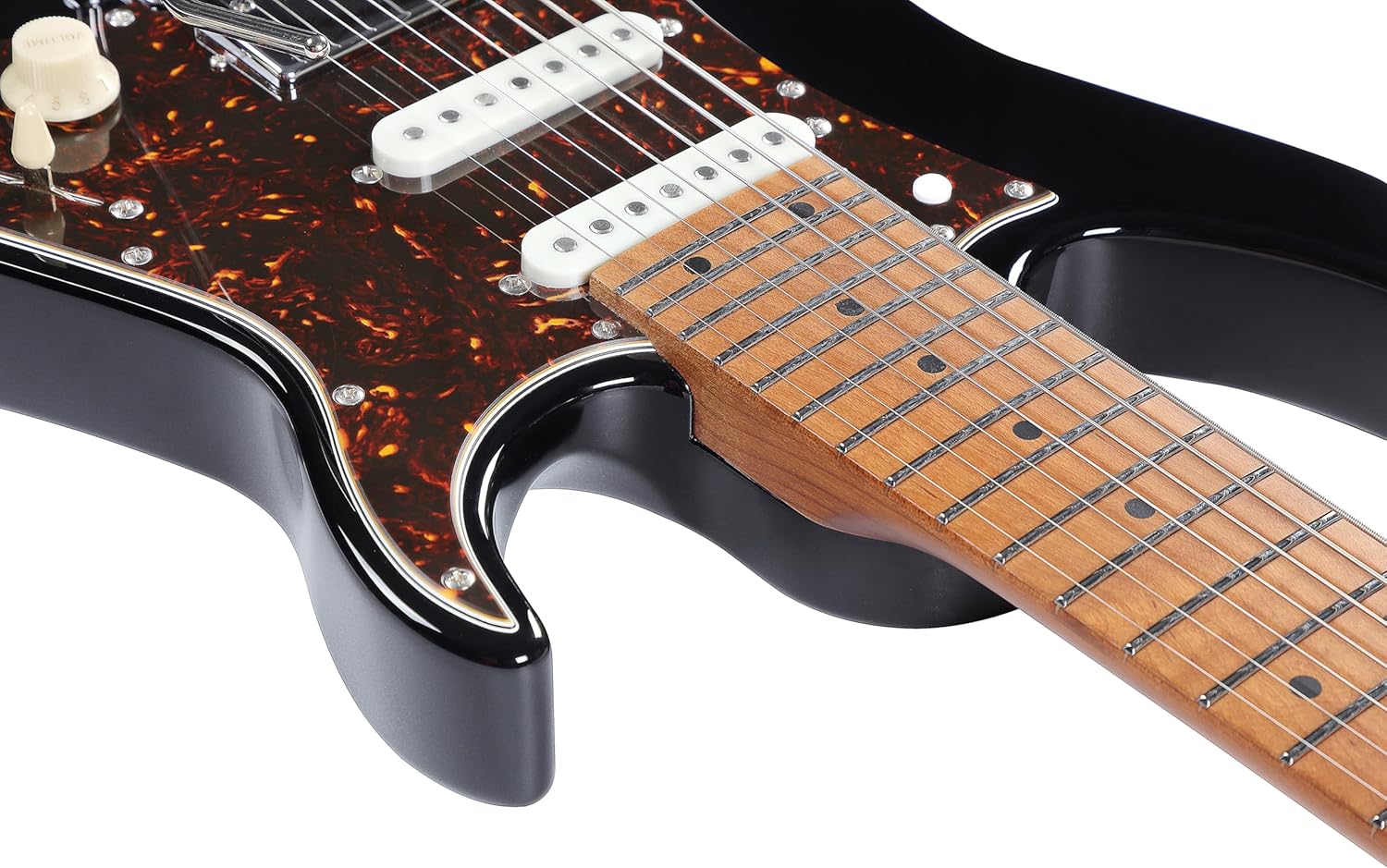 Vola Electric Guitar OZ 7 QGM J1 Black Gloss Handmade in Japan MIJ Roasted Maple Neck Stainless Steel Frets Gotoh Bridge Gotoh Locking Tuner Signature model 7 Strings Modern C Neck For All Levels