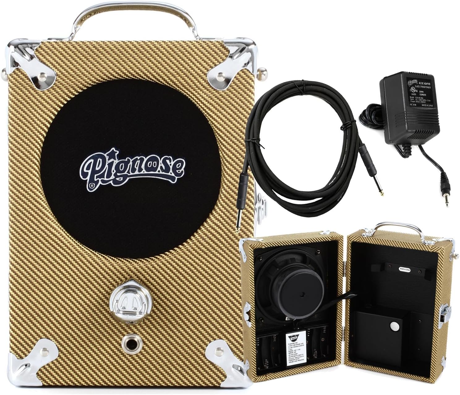 Pignose Legendary 7-100 T Portable Guitar Amplifier with Tonebird AC Power Supply, Cable Bundle Can Operate on Batteries - Classic Tweed Finish