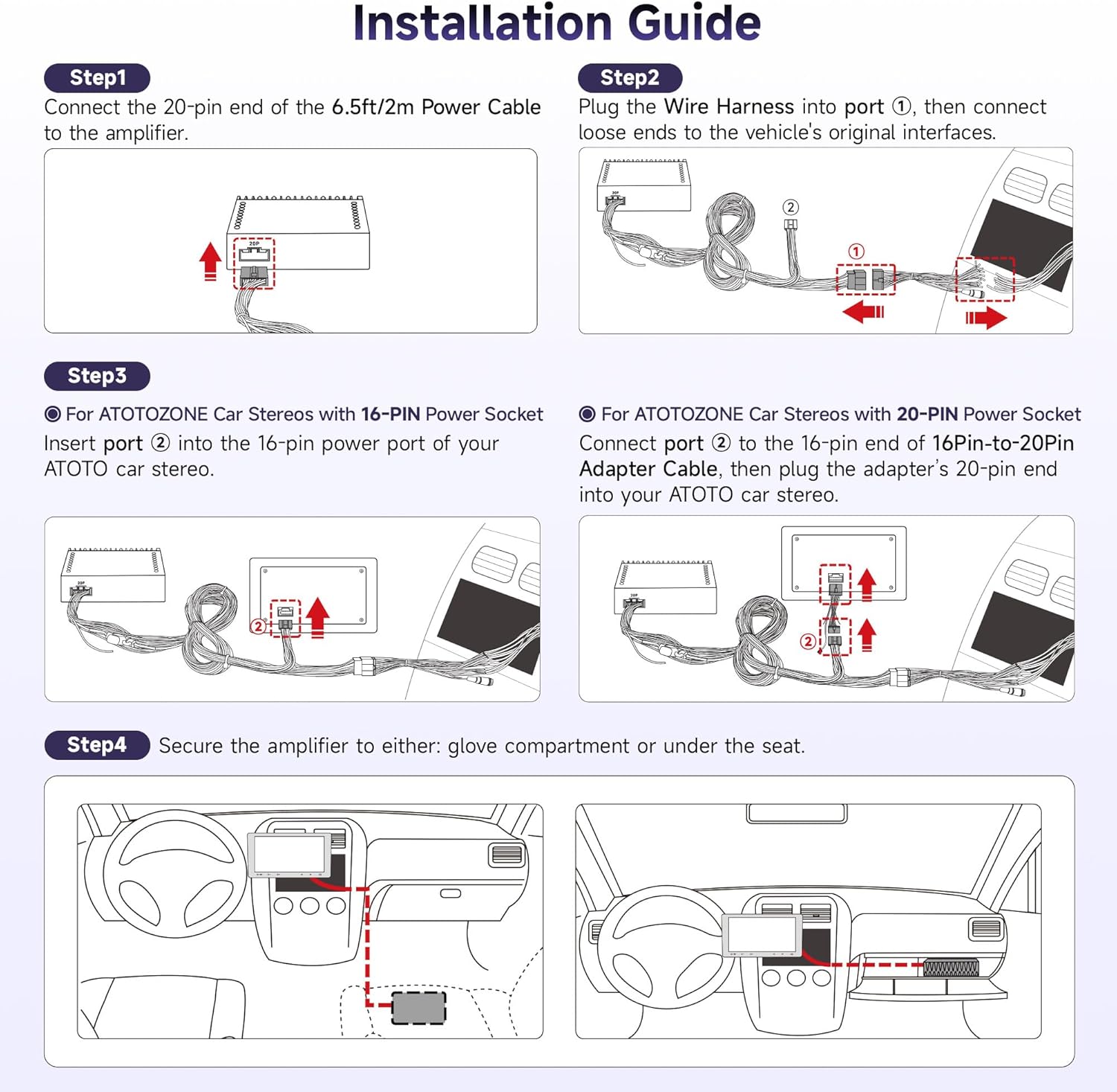 CA-AEC122DL Compact Car Amplifier with 6.5ft/2m Power Cable, Class D, TI TPA3221, 4-Channel, RMS 4x60W, Customizable EQ, Compatible with Select ATOTOZONE Car Stereos