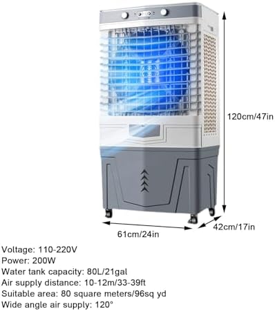Portable Air Conditioners, Air Conditioner Fan, Strong and Resistant to Pressure, Wide-angle Air Supply, 3 Wind Speeds, 80L/21gal Water Tank, for Room, Office