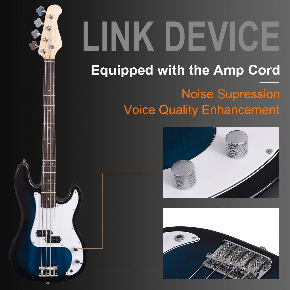 Goplus Electric Bass Guitar, Full Size 4 string with Strap Guiter Kit/w Carrying Bag, 2 Pickup, Perfect Bass for Beginners (Blue Bass 4 Straps)