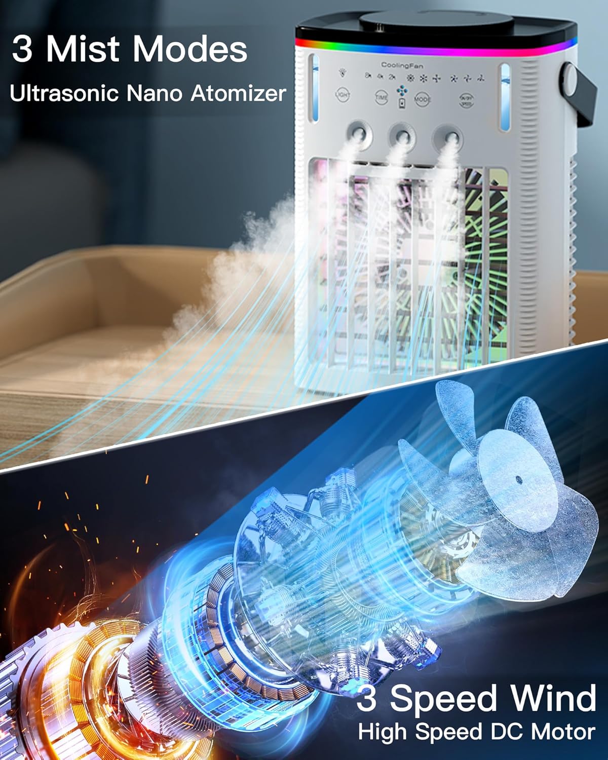 Battery Powered Air Conditioner 6000mAh,Rechargeable Small Air Conditioner for Room,Personal Air Cooler with Mist,Timer,Light,Portable Mini AC Unit Cooling Fan for Camping,Tent,Car,Desktop,Bedroom