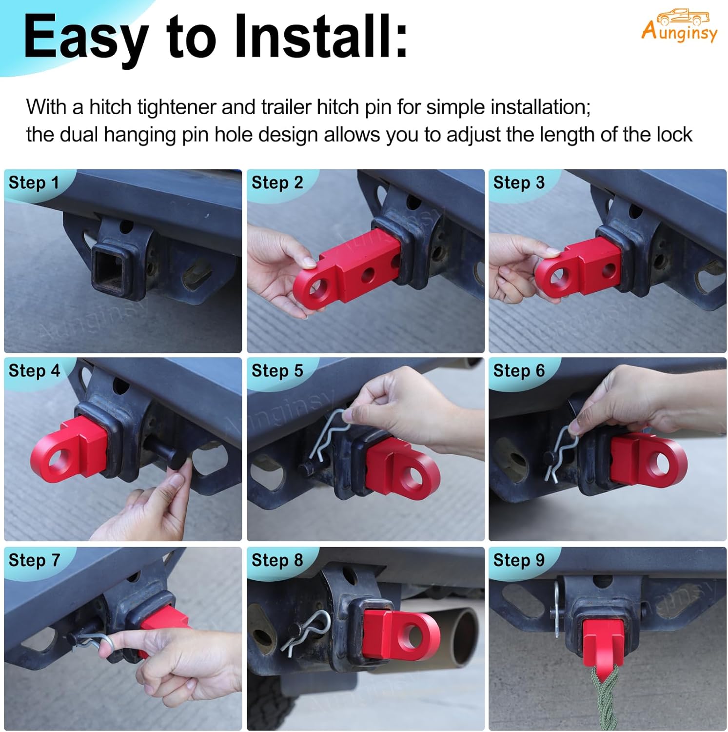 Aunginsy Tow Hitch Receiver Hook with Tightener Compatible with Toyota Tundra 2007-2021 Accessories, Car Shackle Mount Trailer Hitch Lock Pin Heavy Duty Solid Recovery Towing Kit for Trucks, Red