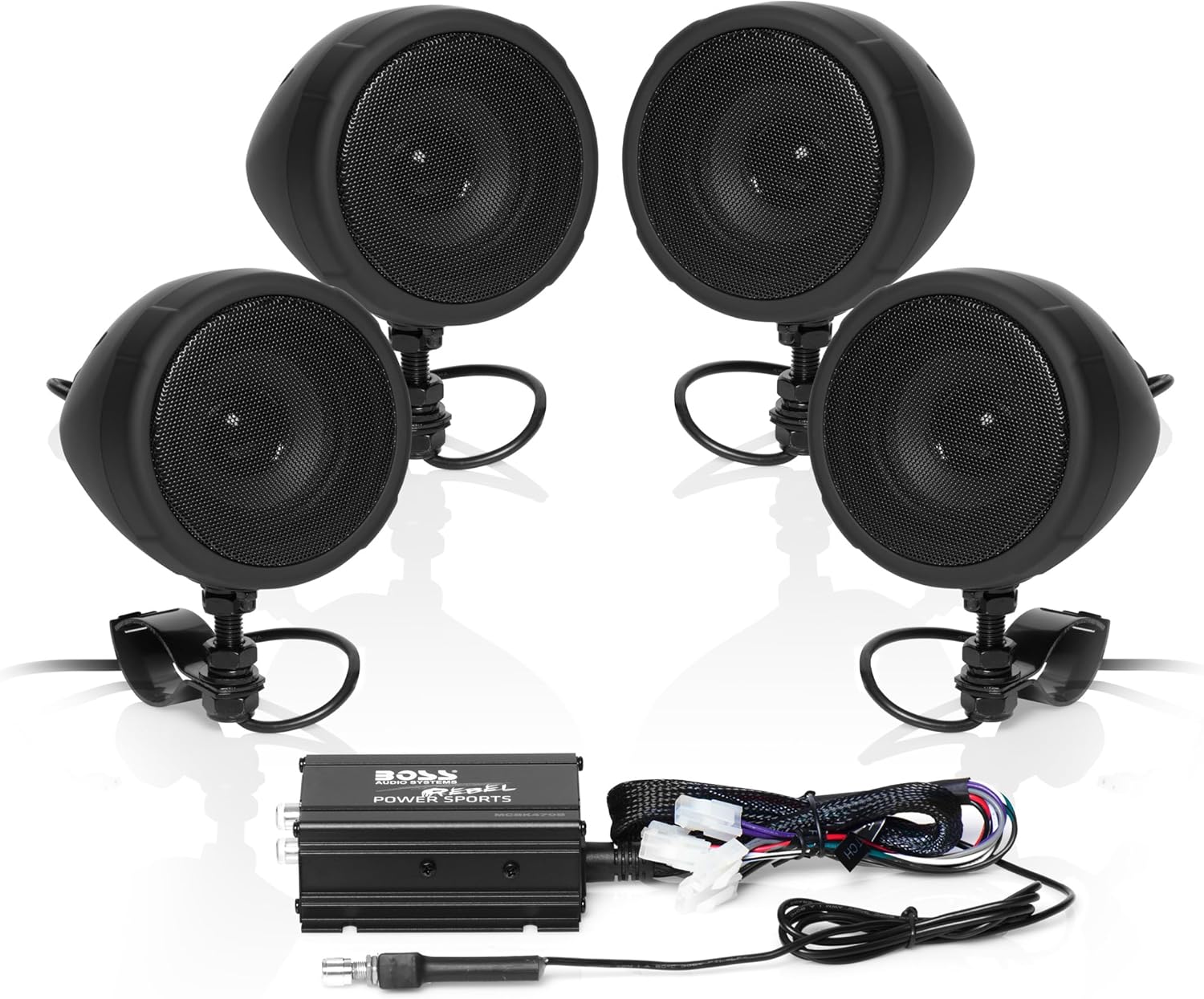 BOSS Audio Systems MCBK470B Motorcycle Bluetooth Speaker System - Class D Compact Amplifier, 3 Inch Weatherproof Speakers, Volume Control, Great for Use With ATVs and 12 Volt Vehicles