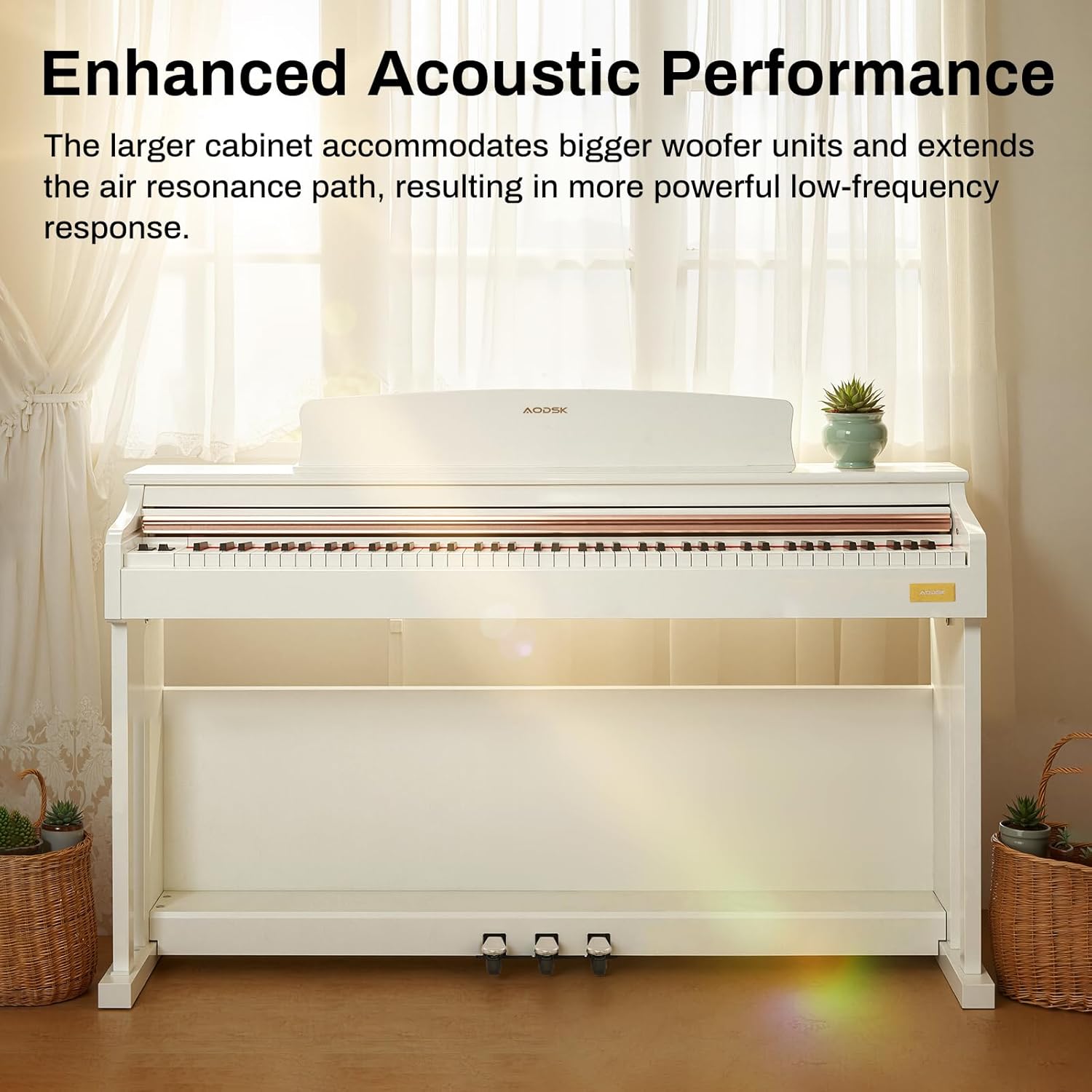 AODSK 88-Key Weighted Hammer Action Digital Piano & White Storage Bench Bundle w/Triple Pedal, Furniture Stand, Key Cover, Lessons & Duet Piano Stool