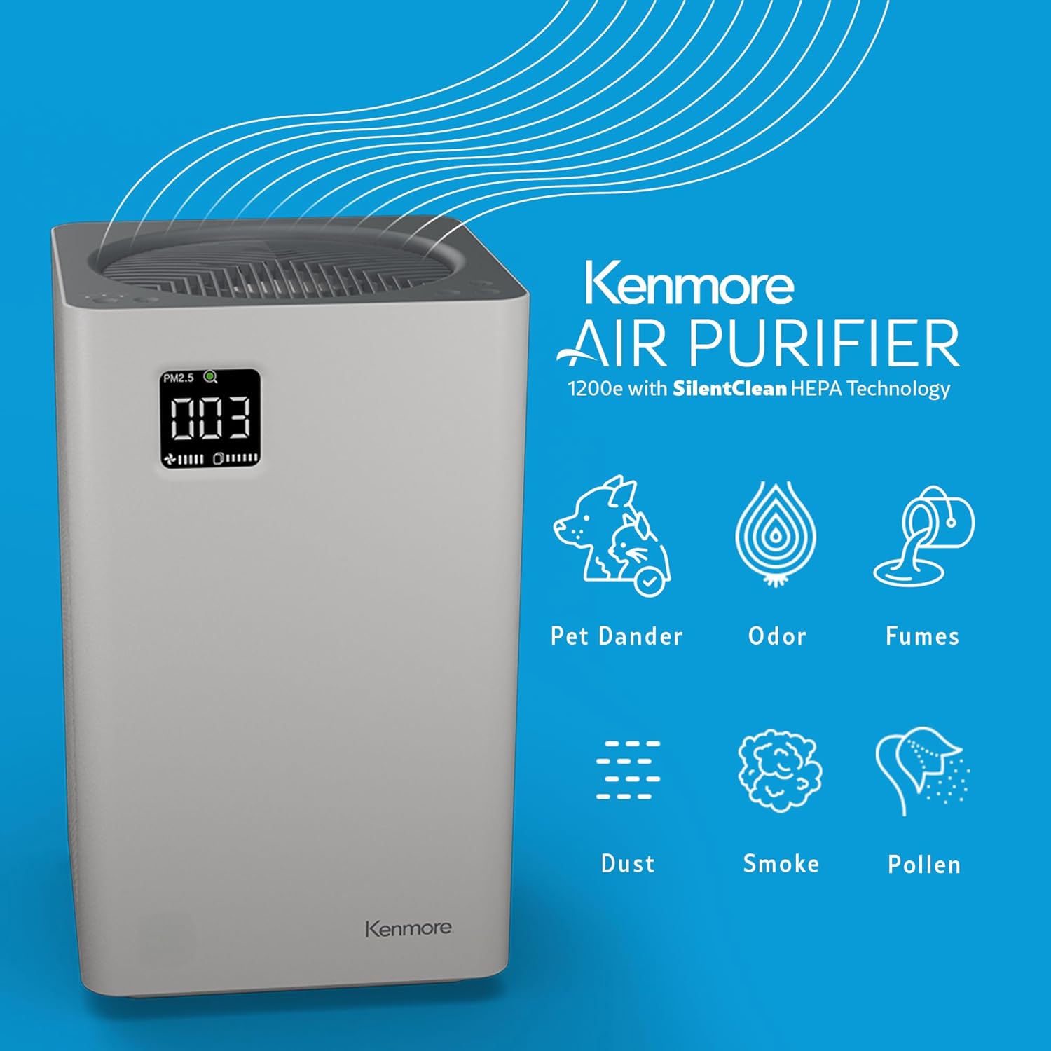 Kenmore PM2010 Air Purifiers with H13 True HEPA Filter, Covers Up to 1200 Sq.Foot, 24db SilentClean 3-Stage HEPA Filtration System, 5 Speeds for Home Large Room, Kitchens & Bedroom, PM2010