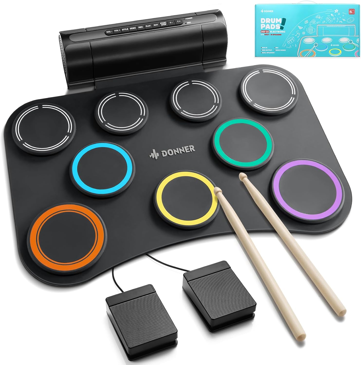 Donner Electric Drum Pad, 9 Pads Electronic Drum Set Roll Up Quiet Drum Pad Built-in Speaker, 40 Drum Lessons Included, Kids Holiday & Birthday Instrument Toys