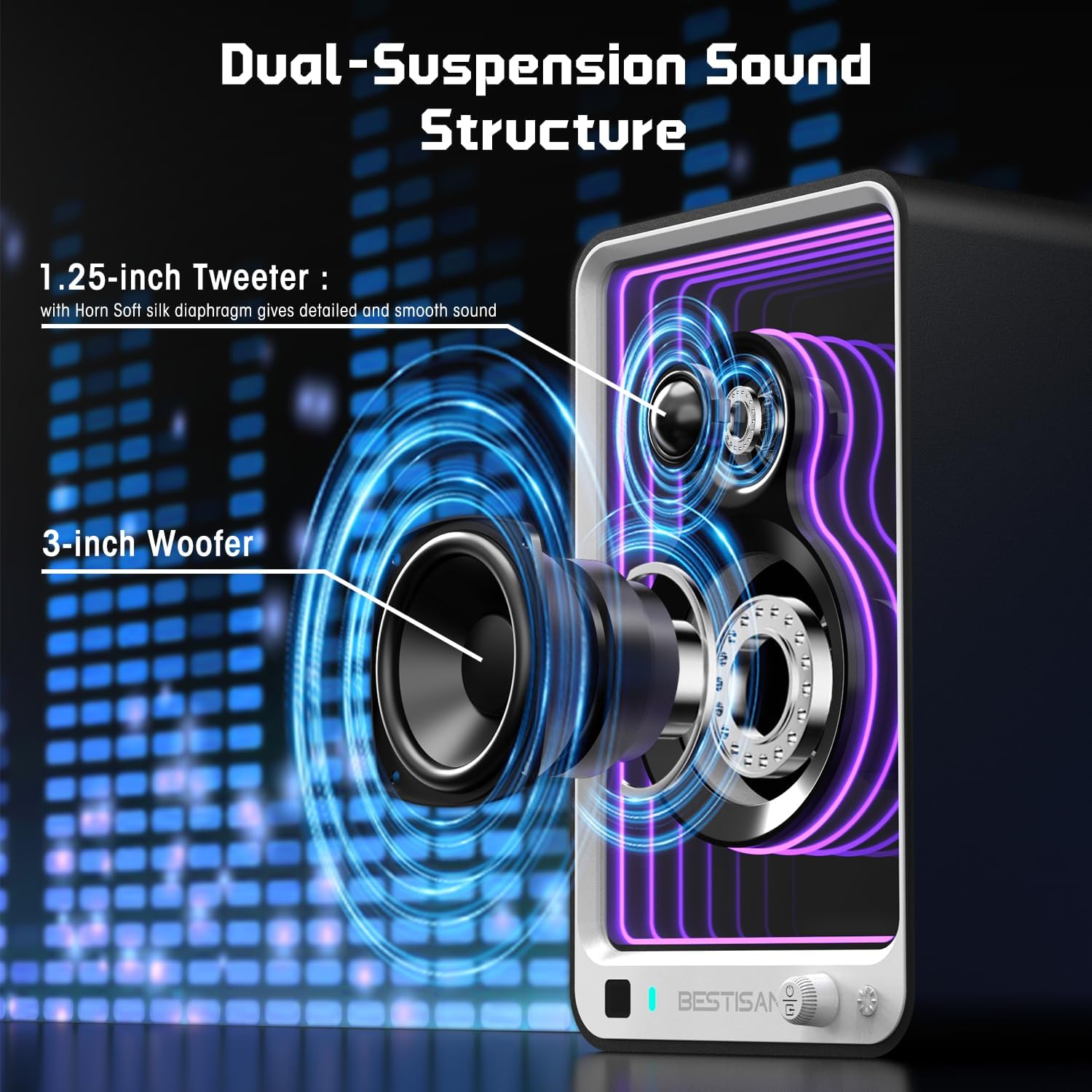 BESTISAN 50W*2 Active Bookshelf Speakers with Dynamic Light Effect, 3