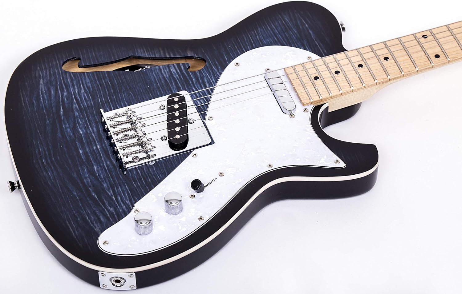 Grote Electric Guitar Semi-Hollow Body Single F-Hole Printed Tele Style Guitar Full-Size Basswood with Canadian Maple neck Chrome Hardware(Black)