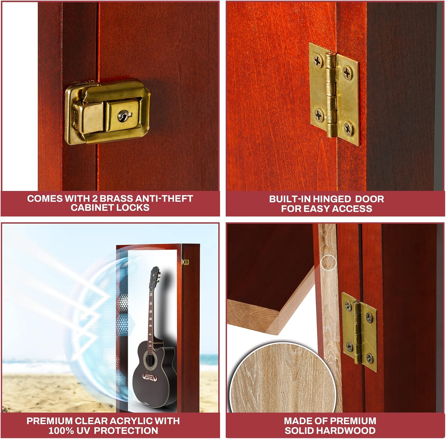 PENNZONI Extra Large Acoustic Guitar Display Case - Wall Mount Display Case for Acoustic/Electric Guitars - Ultra Clear Acoustic Guitar Solid Wood Frame Display Case | Cherry, White Felt