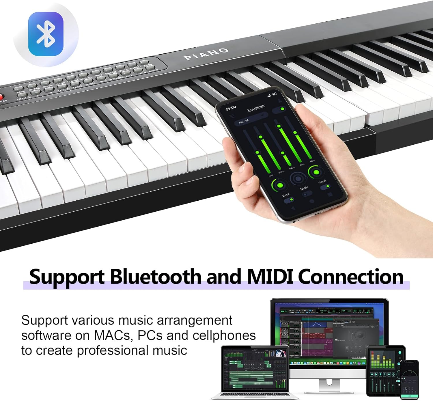 88 Key SEMI-Weighted Keyboard Piano For Beginners w/MIDI, Bluetooth, 1000 Tones/Rhythms, 150 Demos, Sustain Pedal, Metronome, Sync, Chord, Dual Key, Key Drum, Teaching Mode, Corded Electric