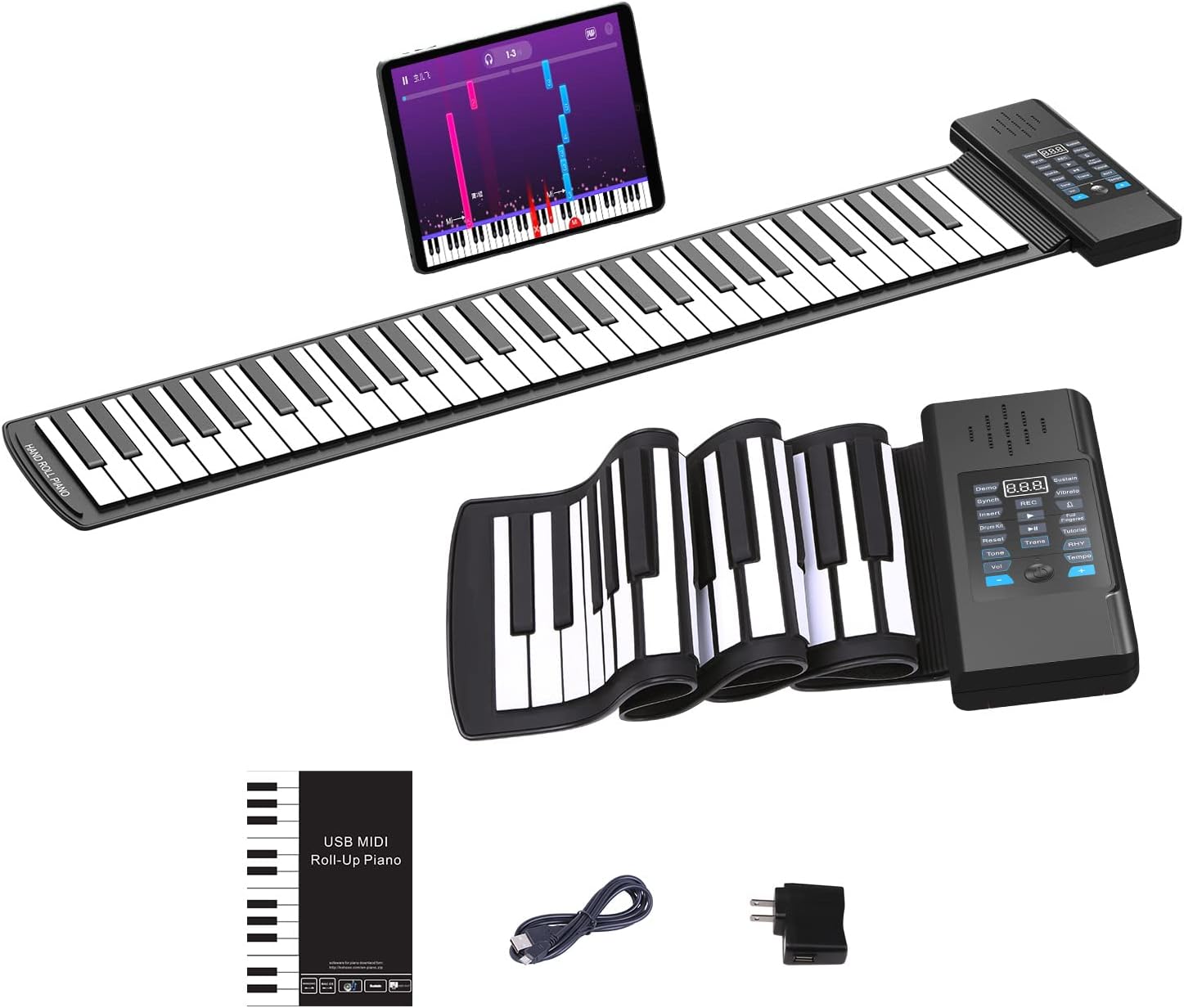 KONIX 61 Key Roll Up Piano,Upgraded Portable Rechargeable Hand Roll Piano with Silicon Flexible Keyboard, MIDI Output, Headphone Connection, 128 Rhythms,Best Gift for Beginners