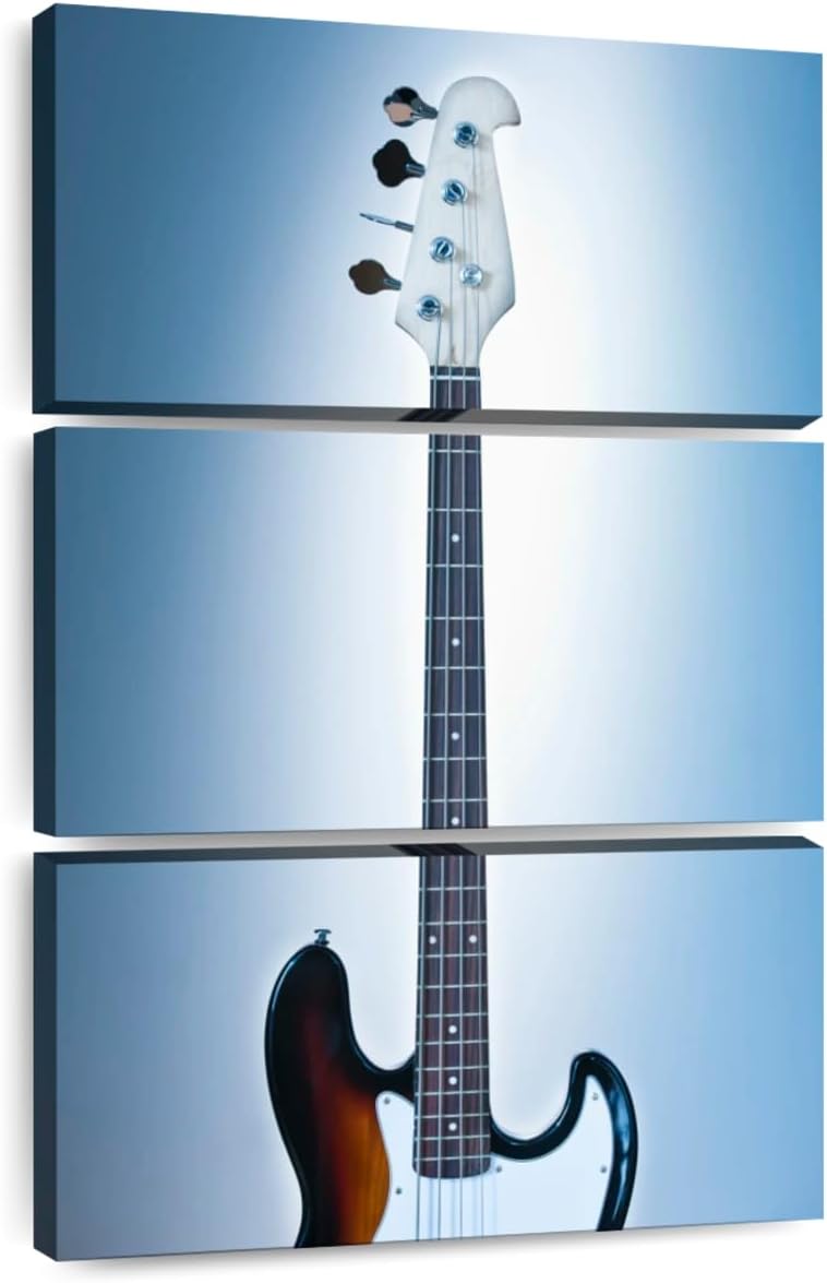ElephantStock - Cool Bass Guitar Wall Art - Vertical Multi Panel Canvas - 3 Piece Living Room Wall Decor - Photography Music Multi Piece Wall Art - Brown And Blue Decor - 48