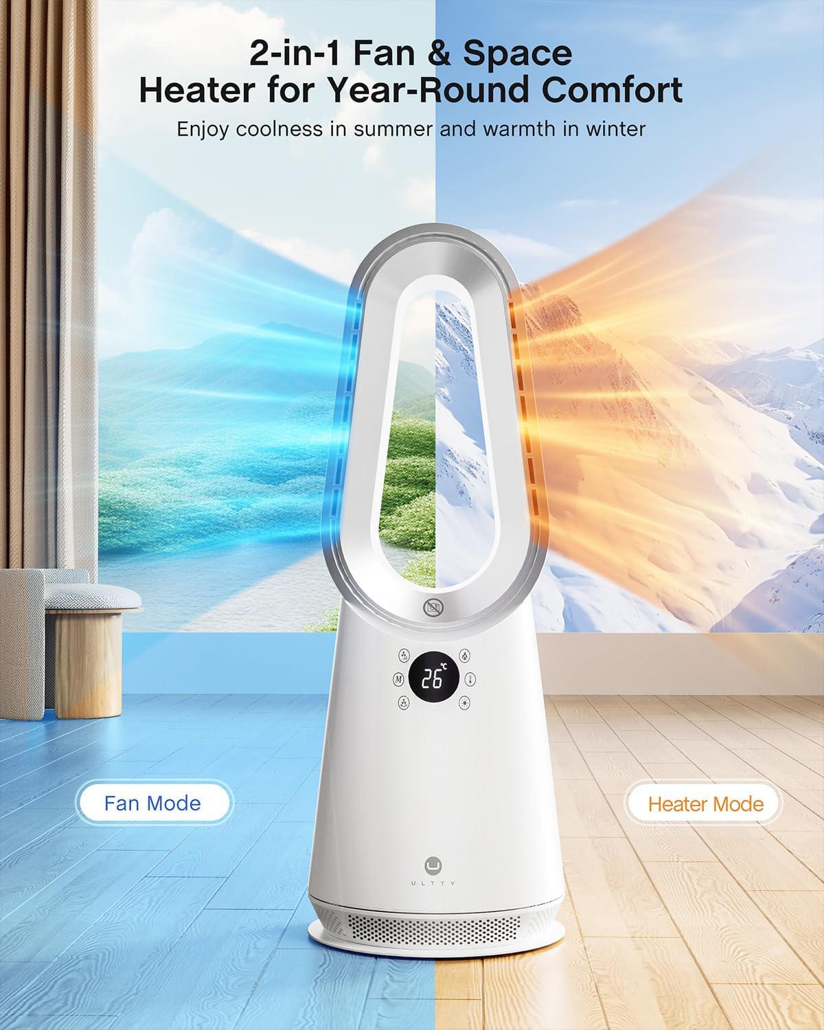 ULTTY Space Heater, Portable Electric Heaters and Cooler Fan Combo with Remote, 80°Oscillation, 9 Speeds, 3 Modes, 8 Timer, 6 Colors LED Light, Fast Safety Heat and Quiet for Office Bedroom Home