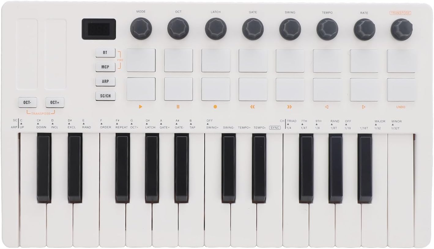 Wireless MIDI Keyboard Controller, 25 Mini Keys, 16 RGB Drum Pads, USB-C, Battery Powered