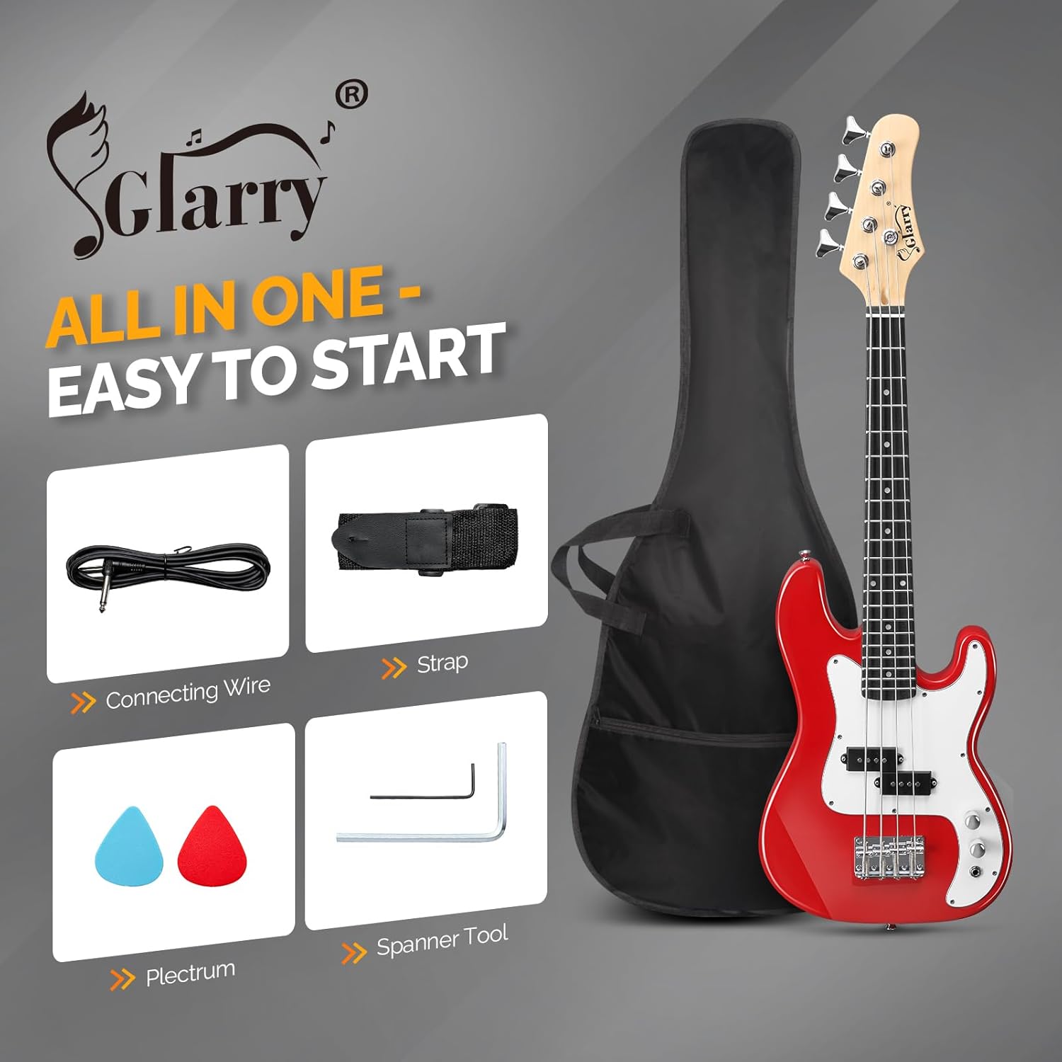 GLARRY 36in Electric Bass Guitar, 4 String Beginner Starter Kit with Accessories including Cable, Strap, Bag for Adults (Red)