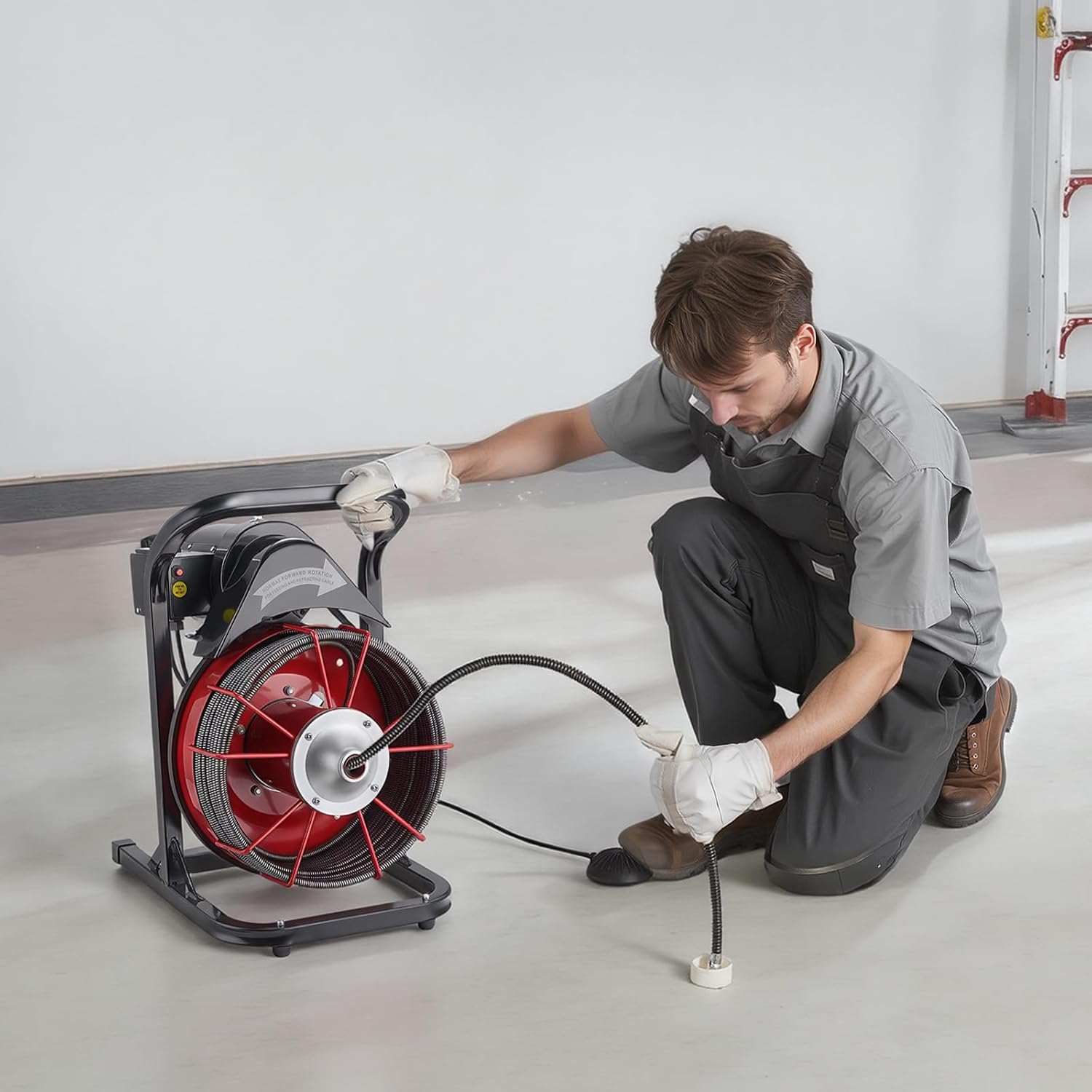 VEVOR Drain Cleaner Machine 75 FT x 1/2 Inch, Sewer Snake Auger Manual Feed with 4 Cutters & Air-activated Foot Switch for 2