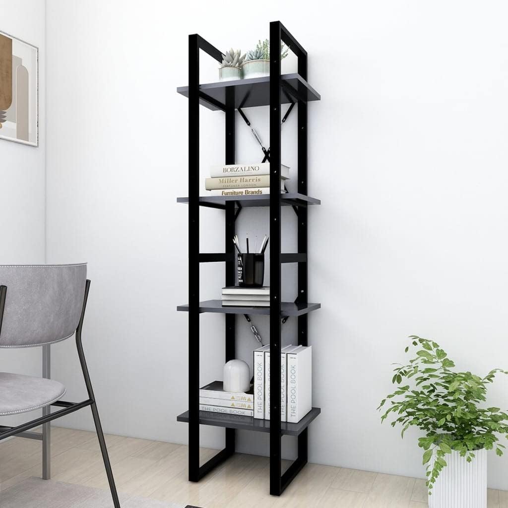 55 inch Tall Industrial Gray Bookcase Four Tier Large Engineered Wood Wall Mount Shelf 11.8 x 15.7 x 55.1 in Matte Modern Storage for Living Room Office Bedroom