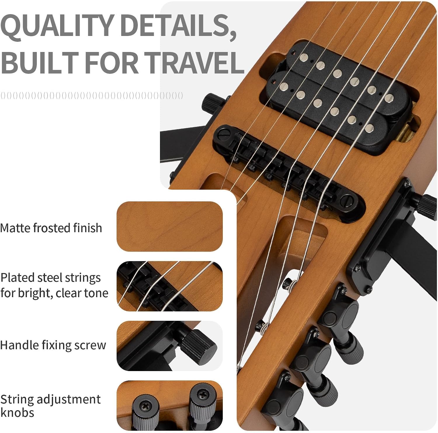 Travel Electric Guitar Headless – Portable Ultra-Light and Quiet, Full-Scale 25.5” Rosewood Fingerboard, glow humbucker, Gig Bag, Removable Stands include all Accessories Left Handed Brown