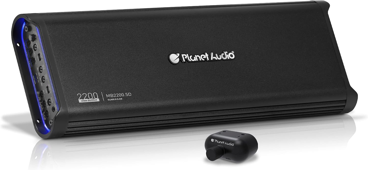 Planet Audio MB2200.5D 5 Channel Car Amplifier - 2200 High Output, 2-8 Ohm Stable, Low/High Level Inputs, Low/High Pass Crossover, Bass for Subwoofer
