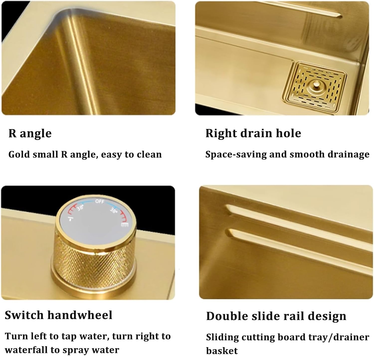 Kitchen Sink Tap,Golden Sink Stainless Steel Sink Golden Kitchen Sink Waterfall Faucet Large Single Sink Including Cutting Board Glass Washer and Other Accessories (Size : 80x (80x45x20CM)