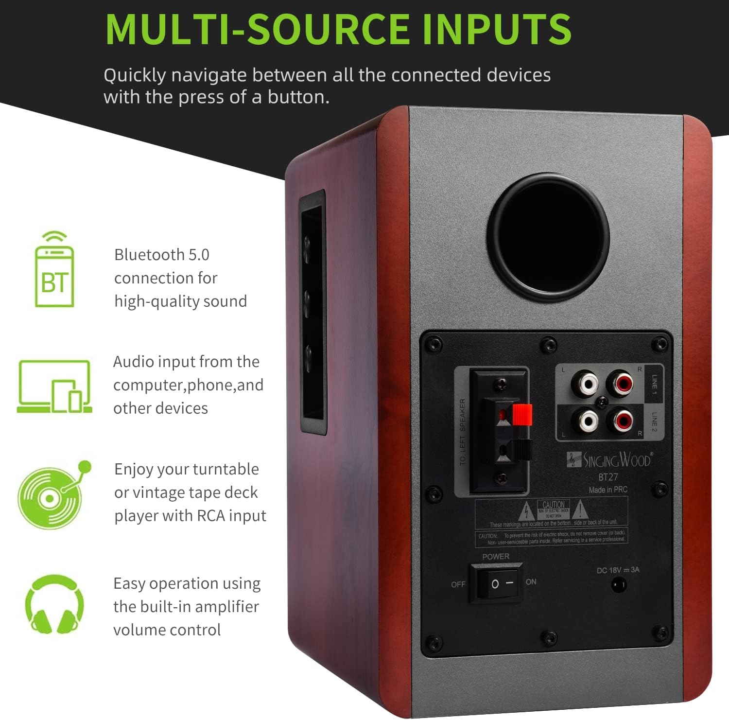 SINGING WOOD BT27 Active Powered Bluetooth Bookshelf Speakers for Studio Monitor TV Computer Turntable - 60 Watts - Wood Grain Finish (Walnut)