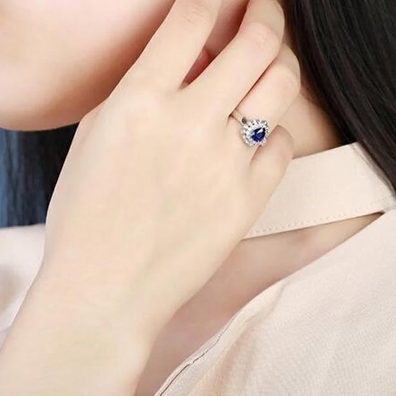 Engagement Rings for Women Flower, Wedding Ring Lab Created Sapphire Band 18K White Gold with Moissanite Birthday Gift for Her