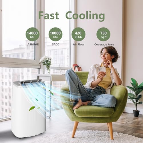 14000BTU Portable Air Conditioners Cool up to 750 Sq. Ft, 3-in-1 Portable AC Units for Rooms with Sleep Mode, 24H Timer, Remote Control, Window Vent Kit, Activated Carbon and Silver Ion Filter