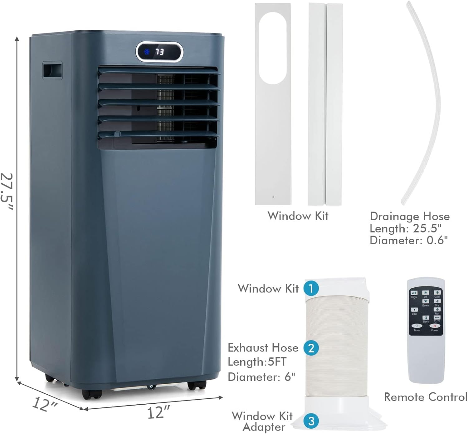 DORTALA Portable Air Conditioner 8000 BTU, 3-in-1 AC Unit with Remote Control, Dehumidifier, 24H Timer, Window Kit, Standing AC Cooling Unit for Home Office, Dark Blue