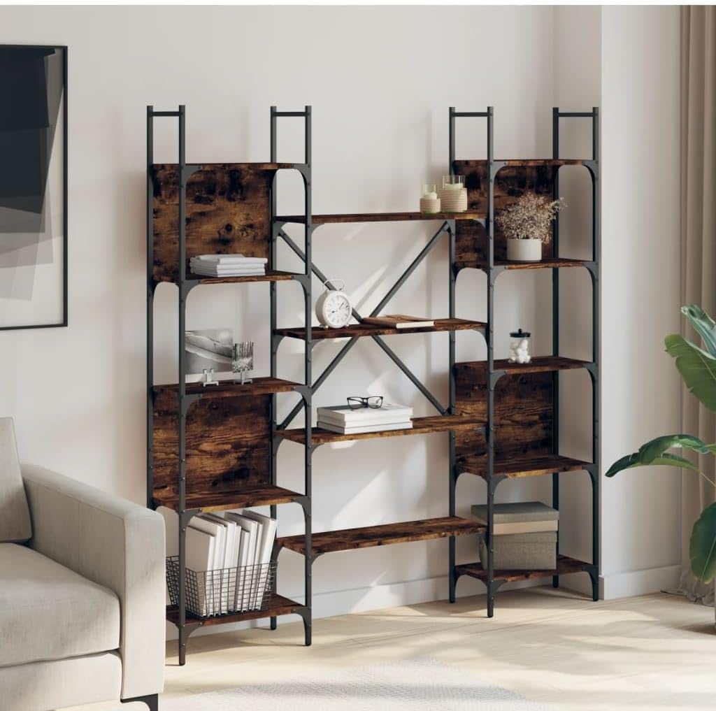 65.6 inch Large Modern Brown Engineered Wood Bookshelf with 8 Tier Shelves & Steel Frame, Tall Freestanding or Wall Mount Bookcase for Living Room Bedroom Office