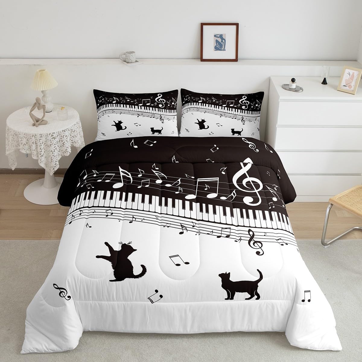 Piano Comforter Set King Size Black Musical Notes Bedding Set 3pcs for Kids Teens Girls Music Lover Room Decor Cat Pet Silhouette Quilt Set White Microfiber Duvet Insert,2 Pillowcases