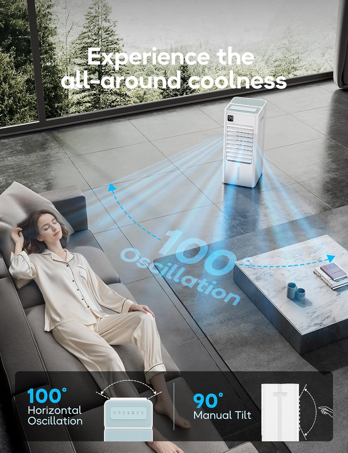 Portable Air Conditioner, Evaporative Air Cooler Windowless with Remote, 3 Speeds, 12H Timer, Oscillating Swamp Cooler for Bedroom, Living Room, White