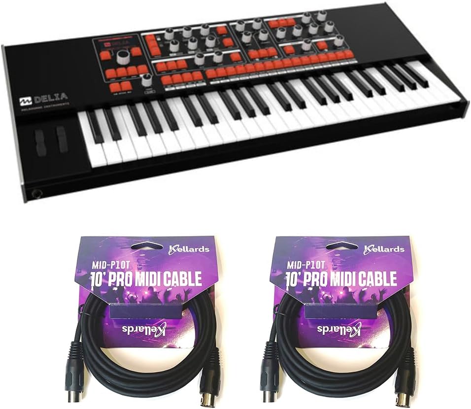 MELBOURNE INSTRUMENTS DELIA Motorized Morphing Polyphonic Synthesizer Bundle with 2x Kellards MID-P10T Pro MIDI to MIDI Cable 10 Feet
